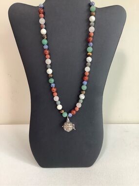 Multicolor Beaded Necklace with Silver Pendant